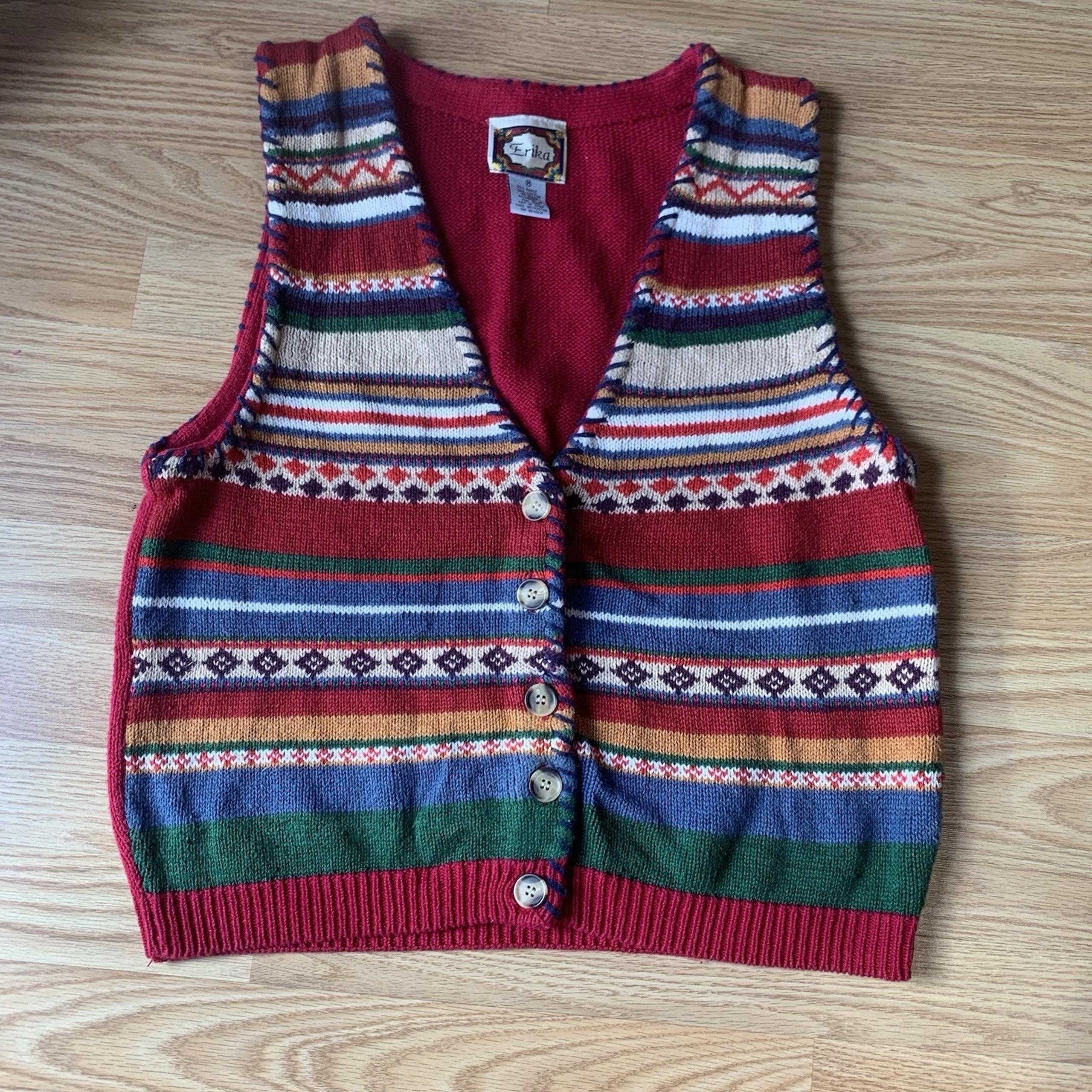 Vintage Erika Sweater Vest Size Medium Button Up Multicolor Stripe Grannycore