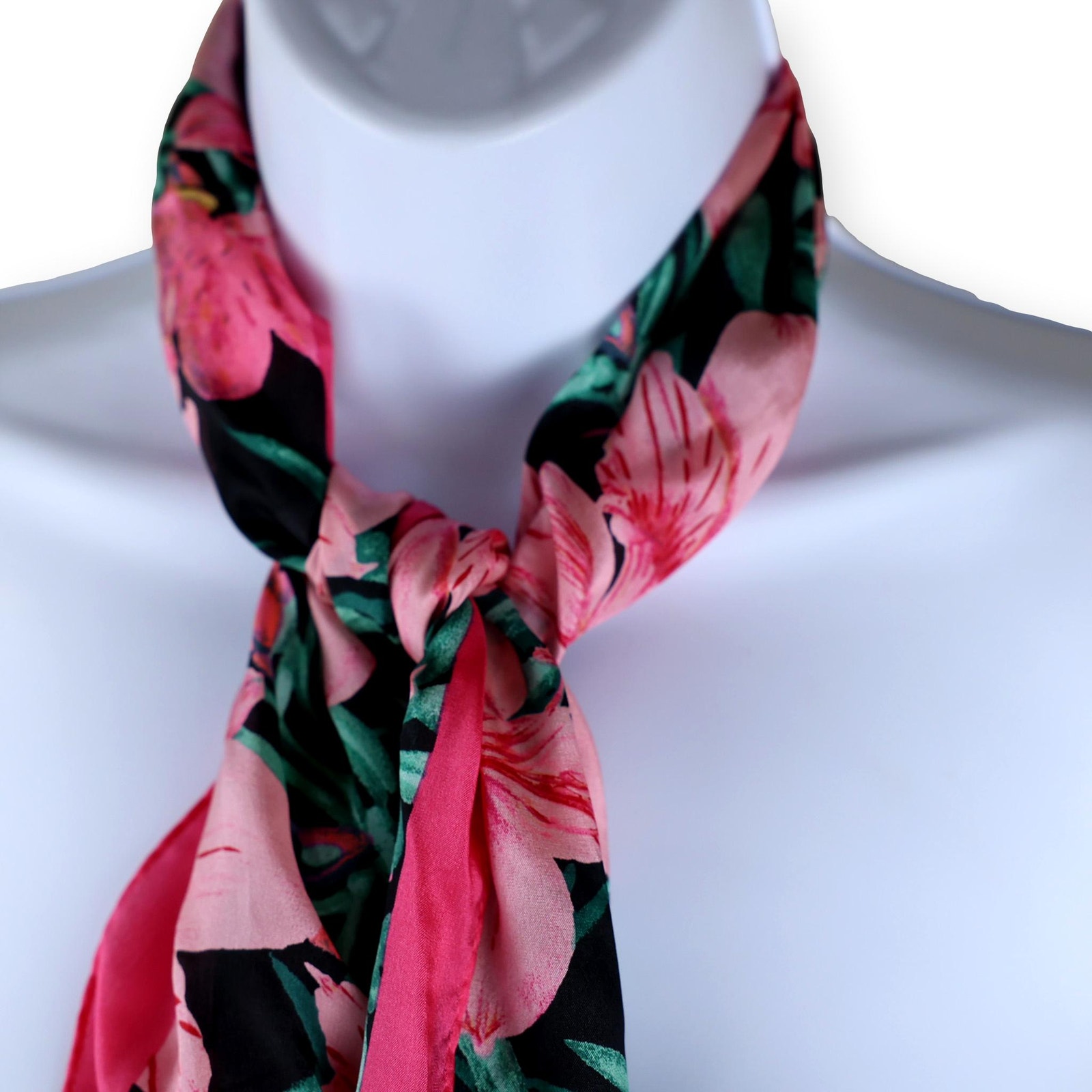Anne Klein Black Hot Pink Floral Silk Rectangle Scarf 26 x 11