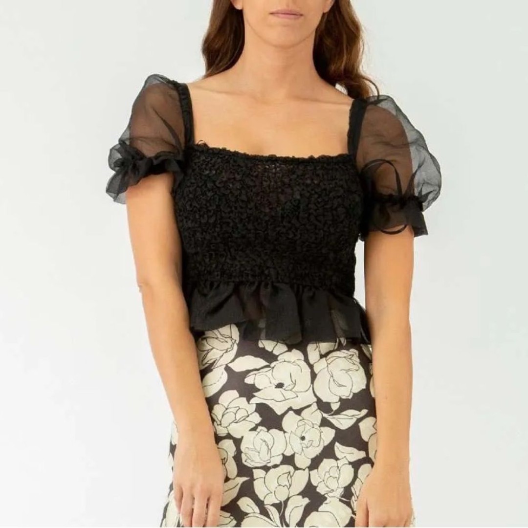 Staud Cannon Organza Smocked Puff Sleeve Top