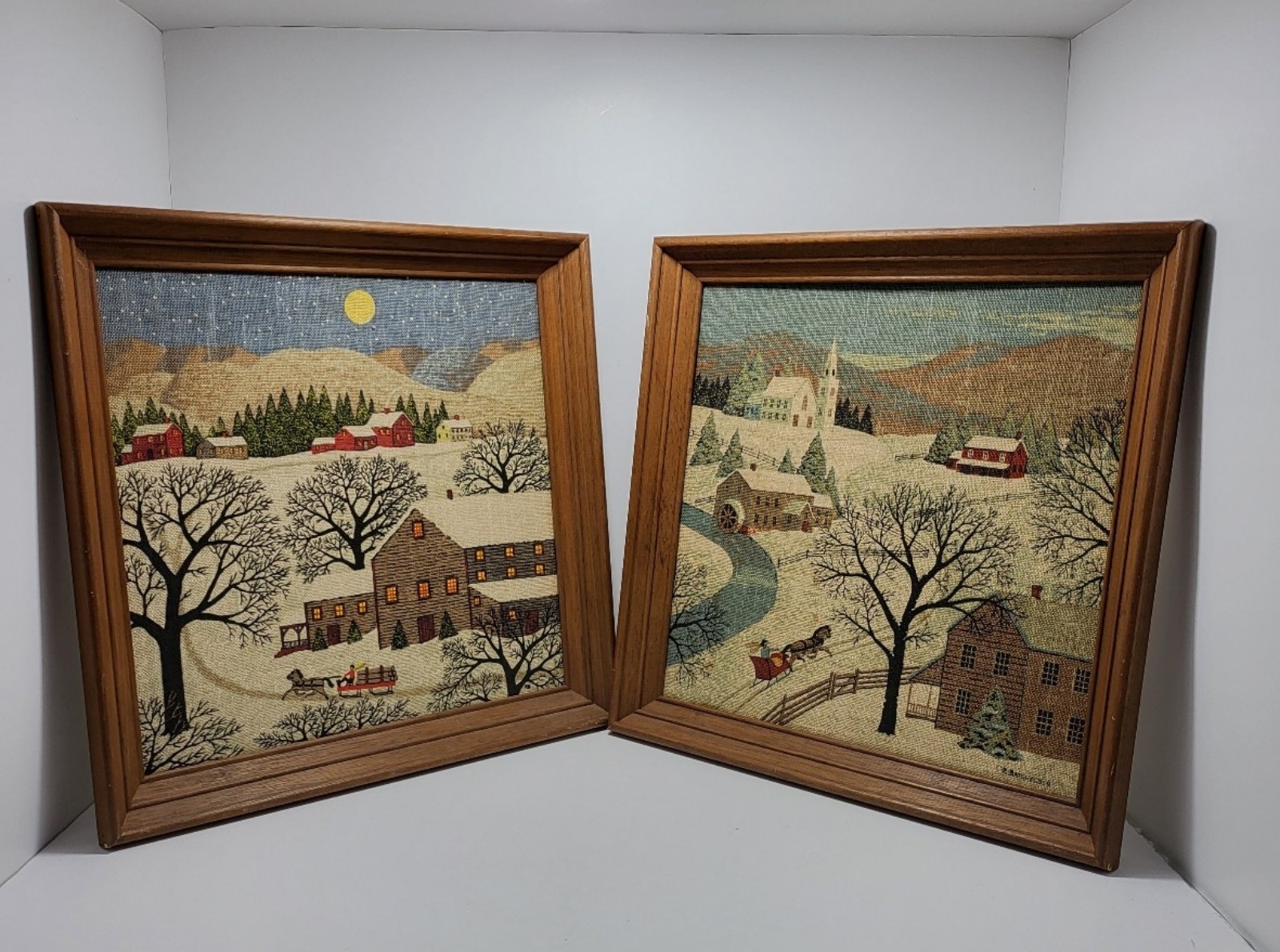 2 VTG MID-CENTURY KAY DEE ART PRINT ON LINED WINTER SCENE AMERICANA WOOD FRAMED
