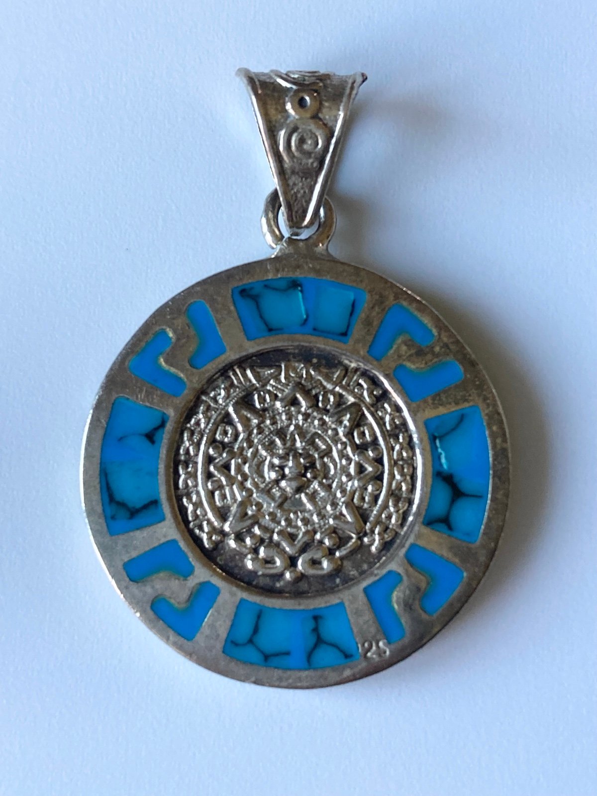925 sterling silver Aztec calendar reversible turquoise abalone pendant