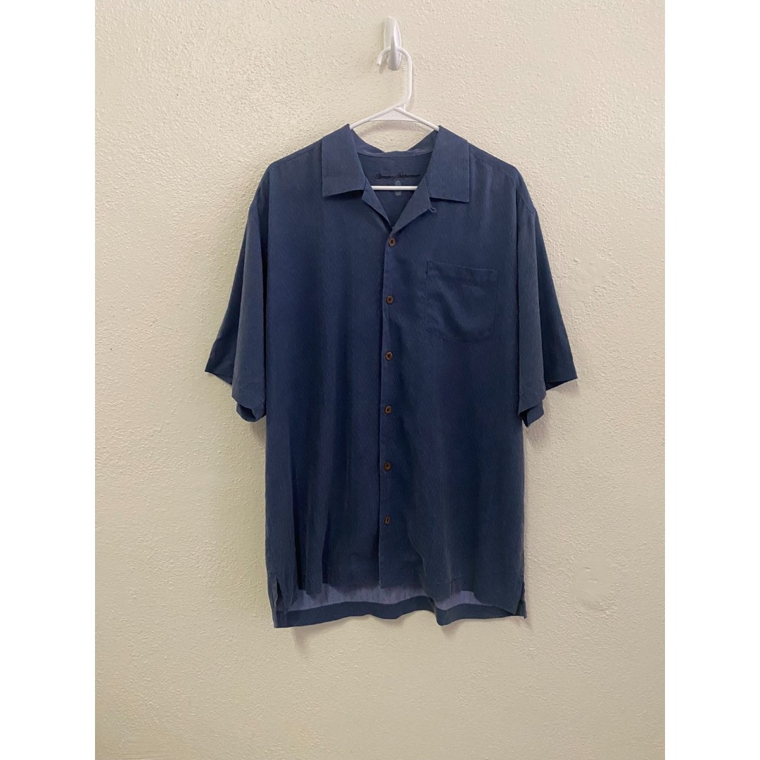 tommy bahama 100% silk navy blue hawaii beach button up zigzag shirt size XL
