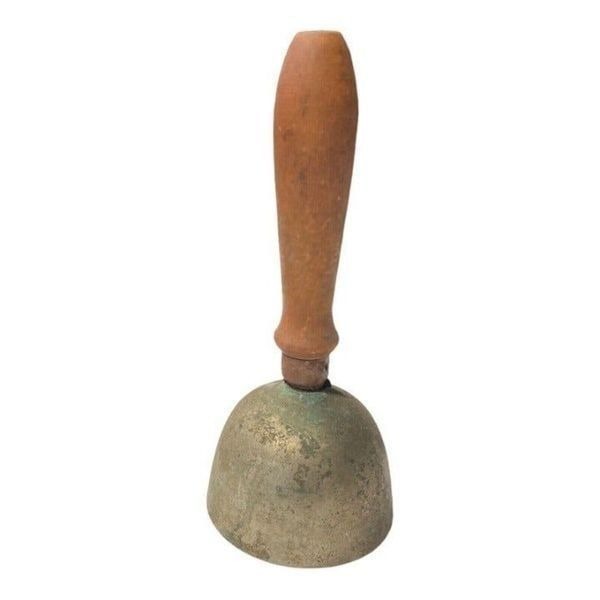 Vintage Antique Brass School Teacher Dinner Bell Wood Handle 6.5” Tall 2.5” Wide