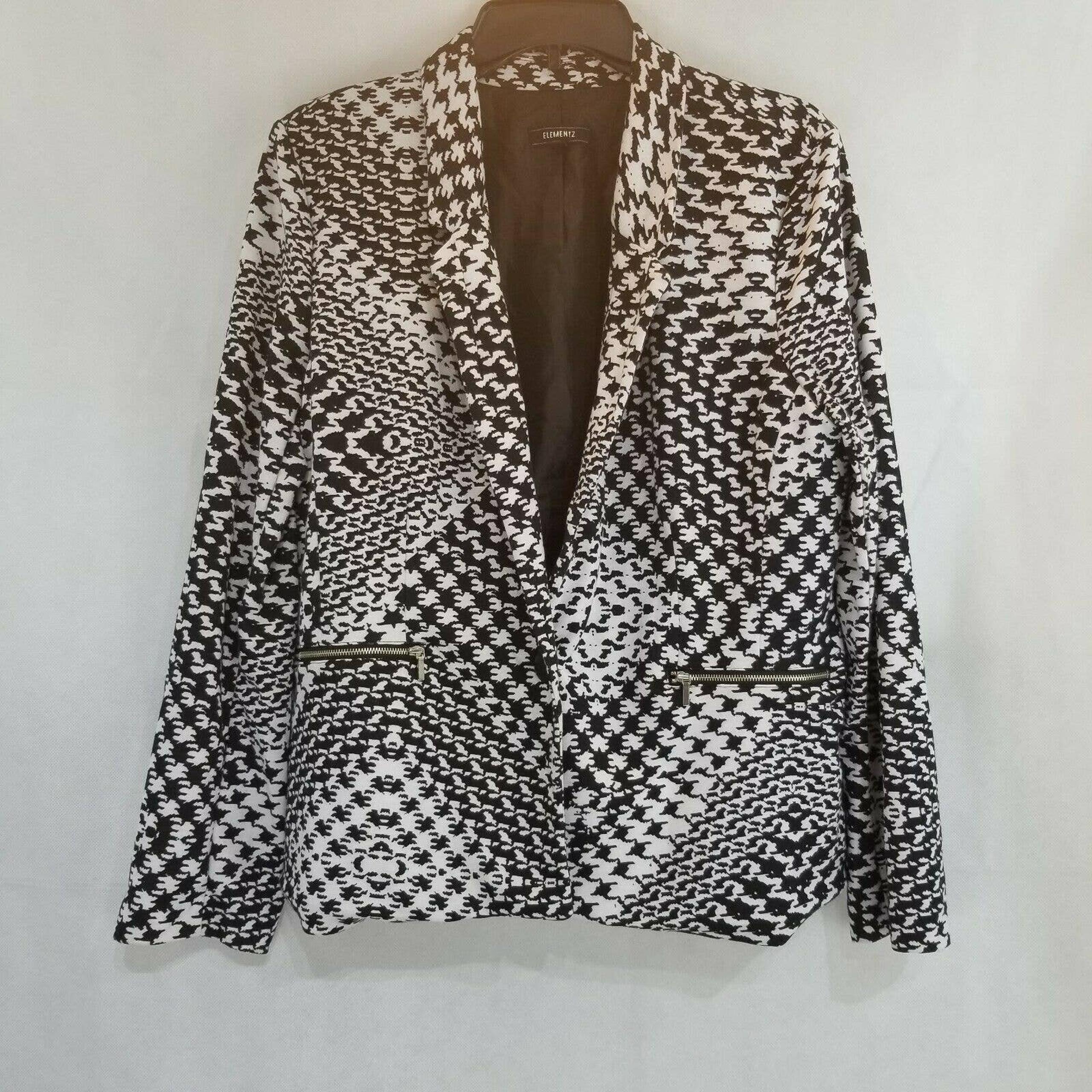 Elementz Womams Blazer Size L Houndstooth Zipper Pockets Jacket Black White