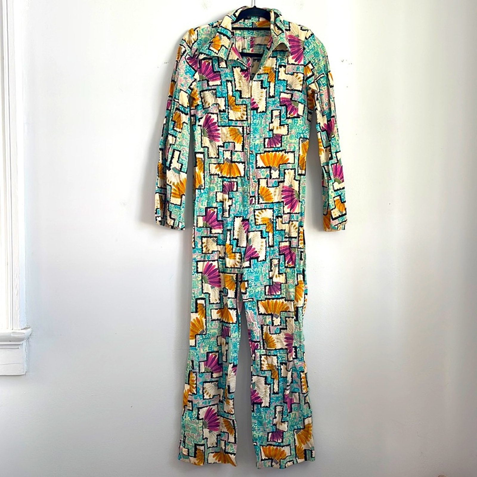 Vintage handmade zip up geometric colorful print long sleeve collared jumpsuit