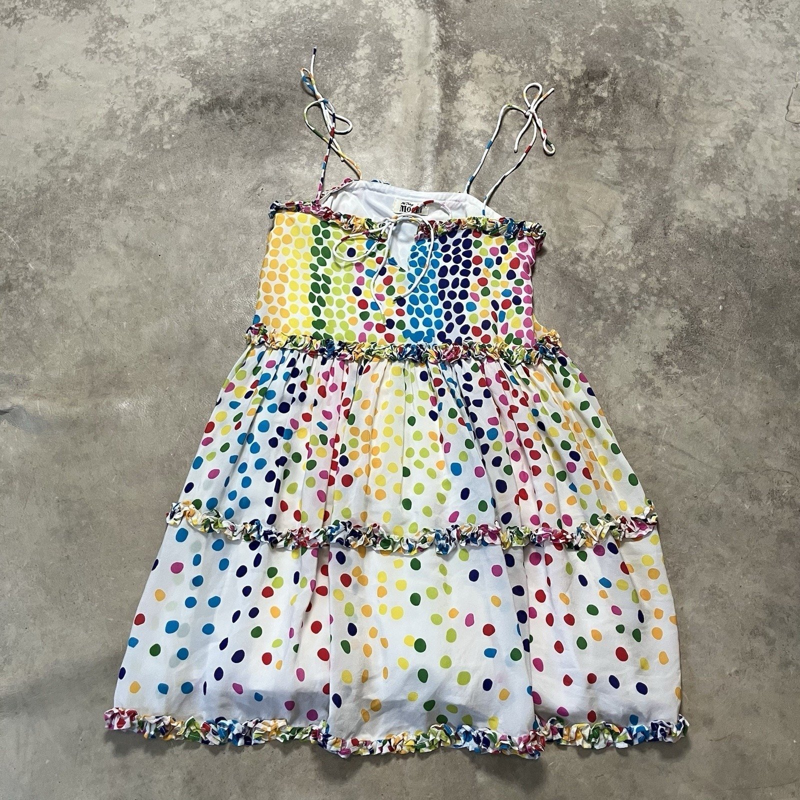 All Things Mochi Dress Womens Sz S Blessica Rainbow Polka Dot Tiered Silk Mini