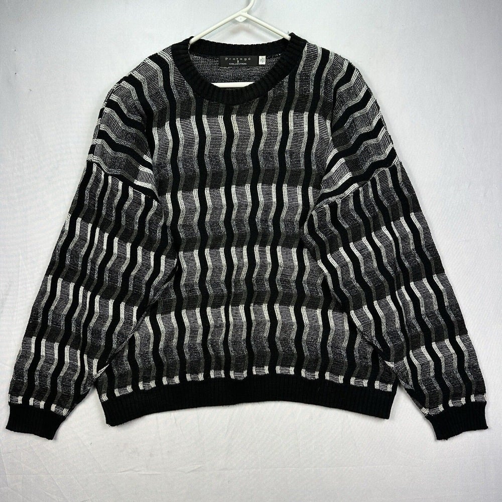 Vintage Protege Collection Sweater Men 4X Striped Black Gray 3D Textured Acrylic