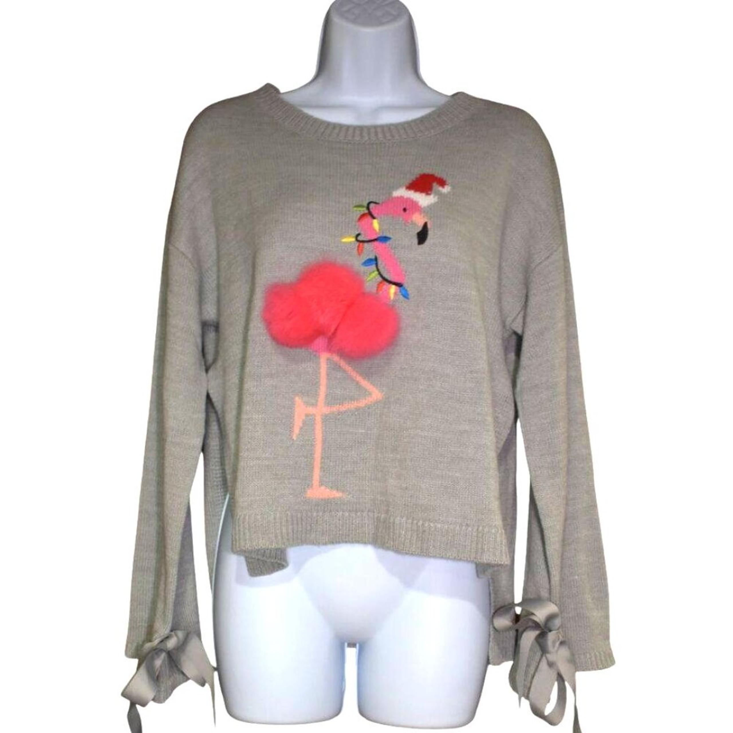 Womens Flamingo Embellished Sweater Sz XS Gray Christmas Holiday Tropical Blouse