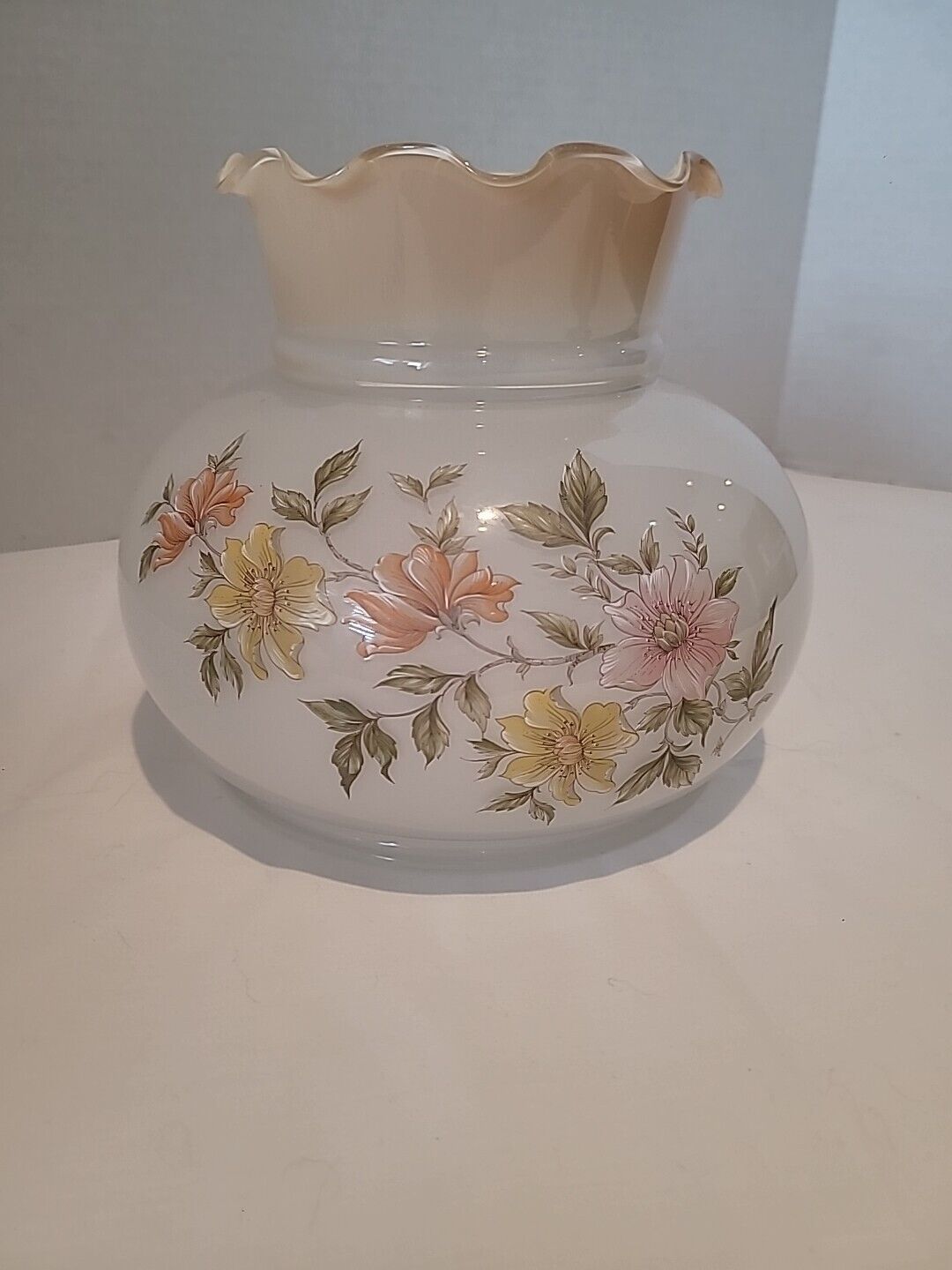 Vintage Floral Milk Glass Lamp Shade 6.5 Painted Yellow Pink Yellow Flowers
