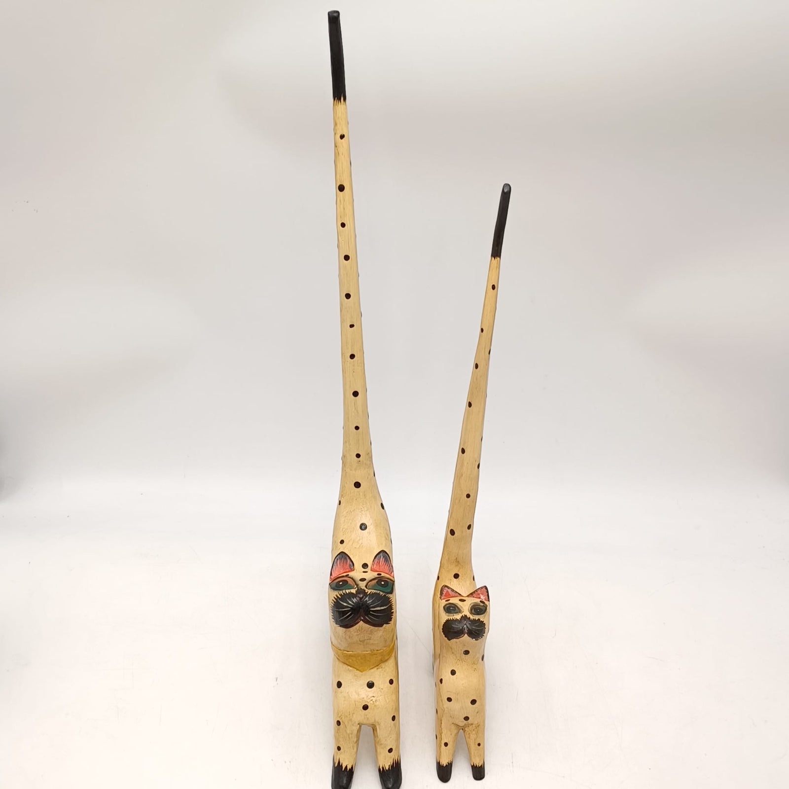 Vtg Bali Wood Long Tail Cat Pair 18 & 15 tall Hand Carved & Painted Lot 1. New