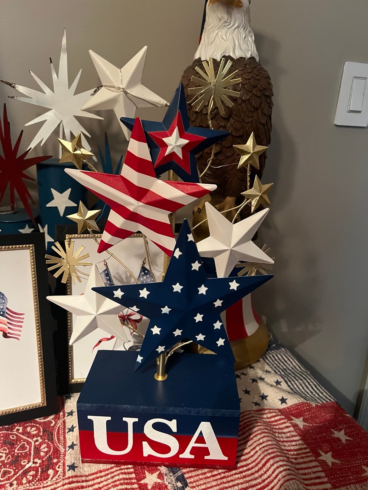 Stars & Stripes July 4th Patriotic Fireworks on a Wooden Block. READ BELOW