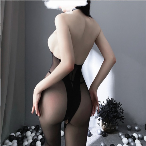 Sexy connective clothes lace hanging neck open -back black silk suspender,qiob