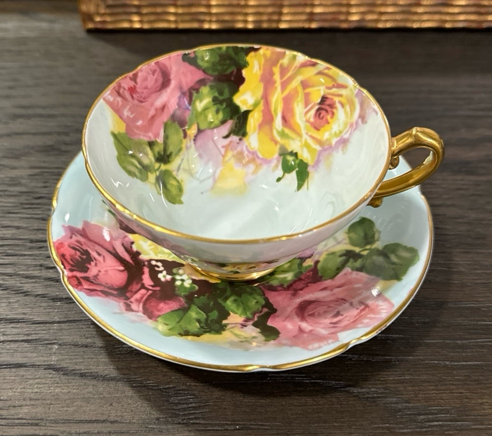 Stanley Tea cup and saucer England Fine bone china Large Roses Yellow & Pink
