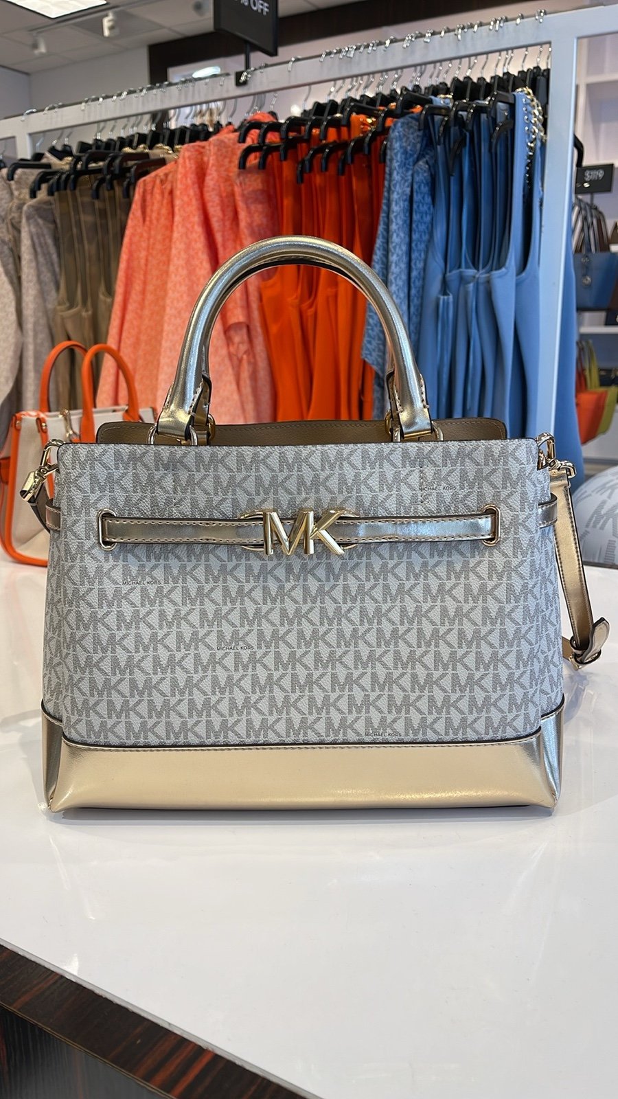MICHAEL KORS Reed Large Central Zip Graphic Logo Belted Satchel Vanilla /Pale G