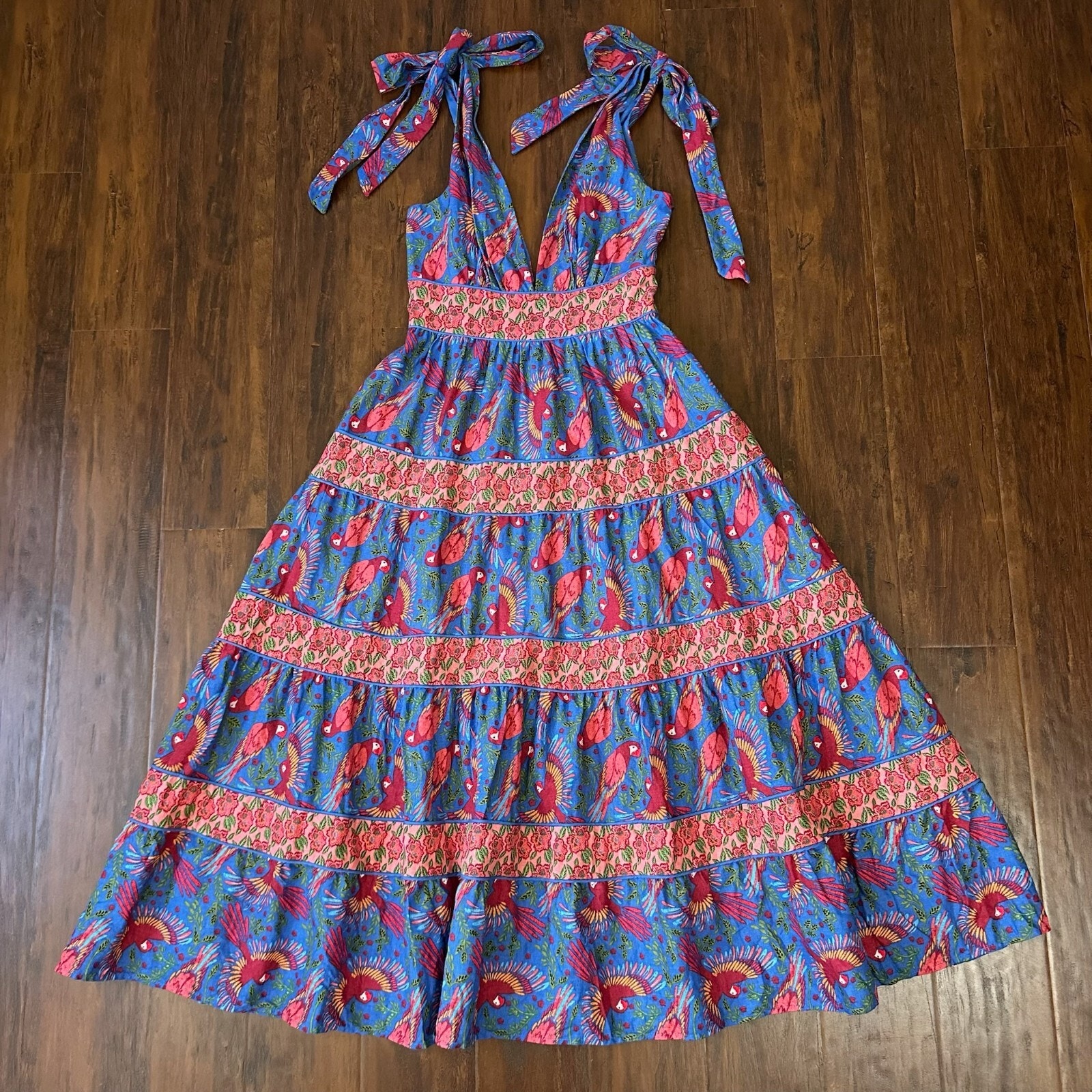 HOUSE OF HARLOW 1960 Tahiti Parrot Maxi Dress Blue Tiered V-Neck Boho