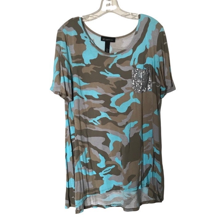 INC Turquoise Camo & Sequin Tunic Top - 1X