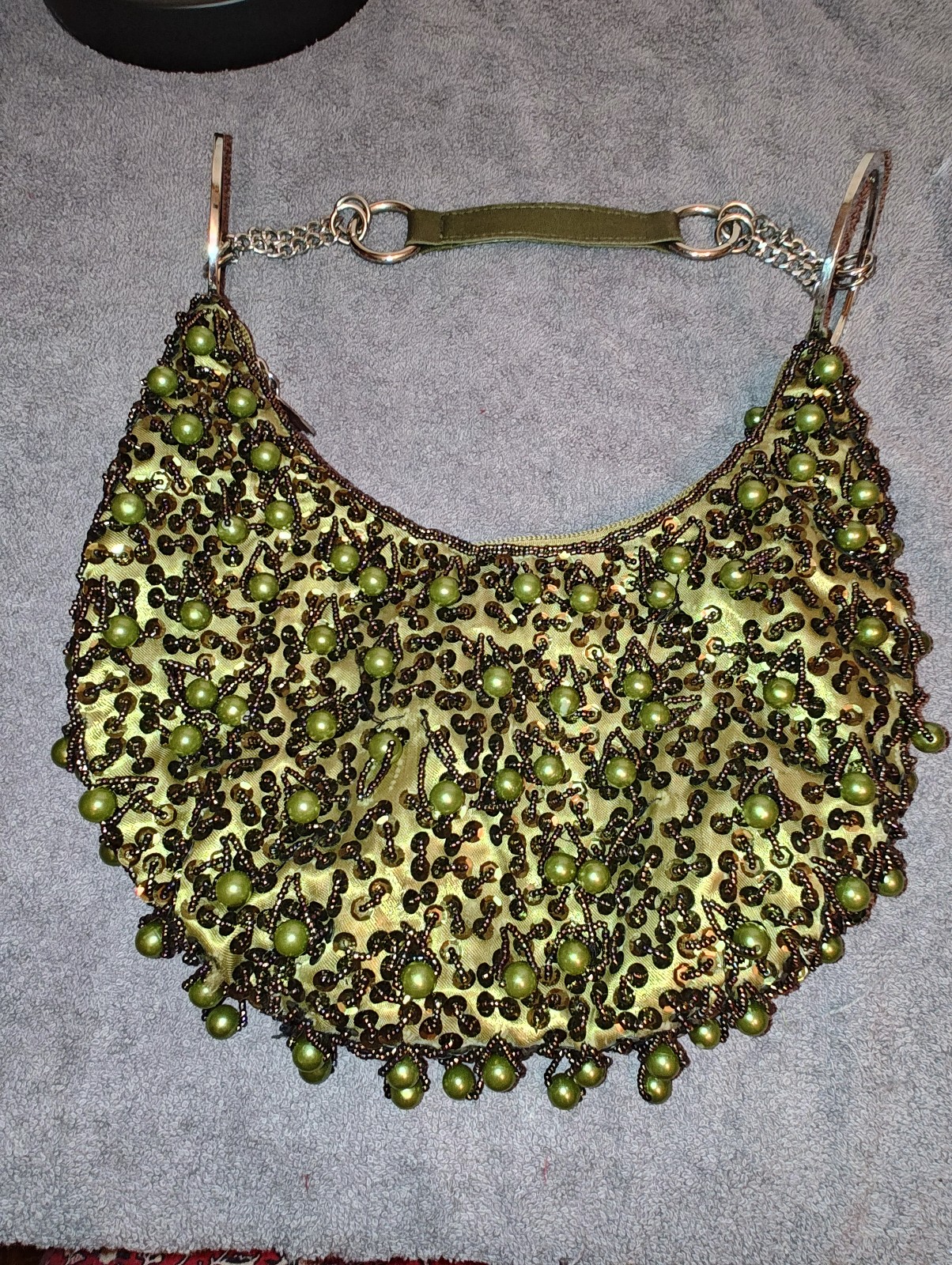 Green Beaded Bag Handbag Purse Large Hoop Rings On Strap
