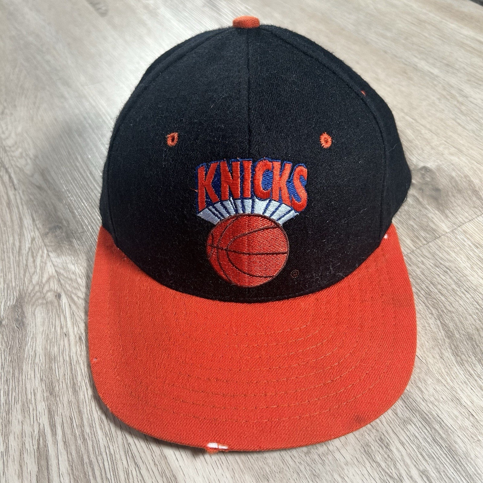 Vintage New York Knicks Hat Snapback NBA Plain Logo Black Orange AJD Wool Cap