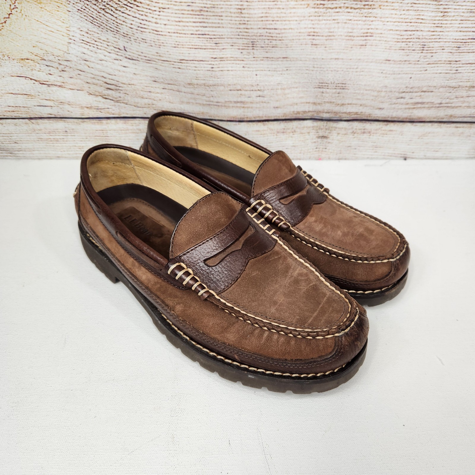 LL Bean Allagash Shoes Mens 9 Brown Leather Bison Penny Loafers