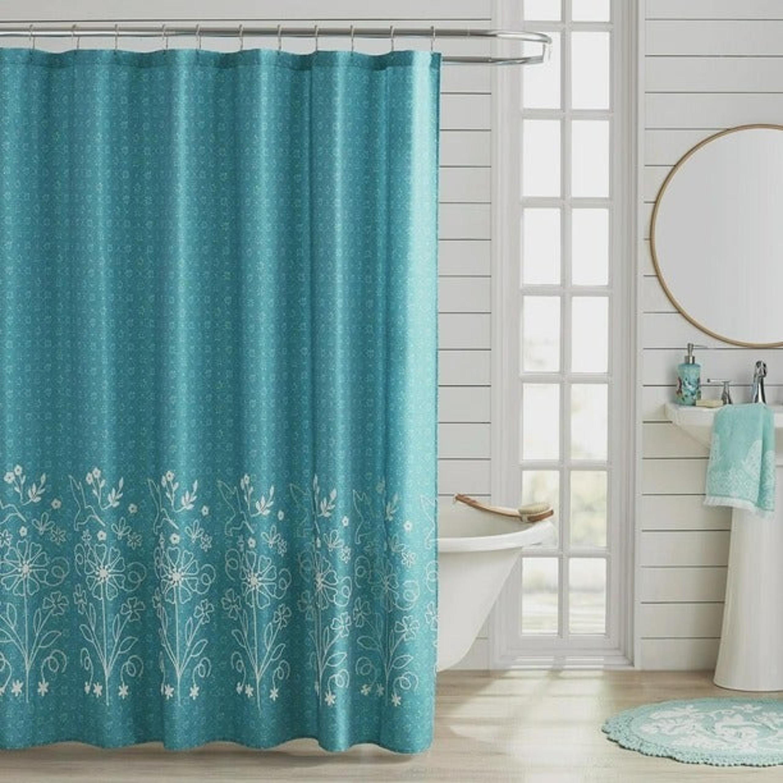 Pioneer Woman Mazie Embroided Cotton Rich Fabric Shower Curtain Teal Aqua72"x72"