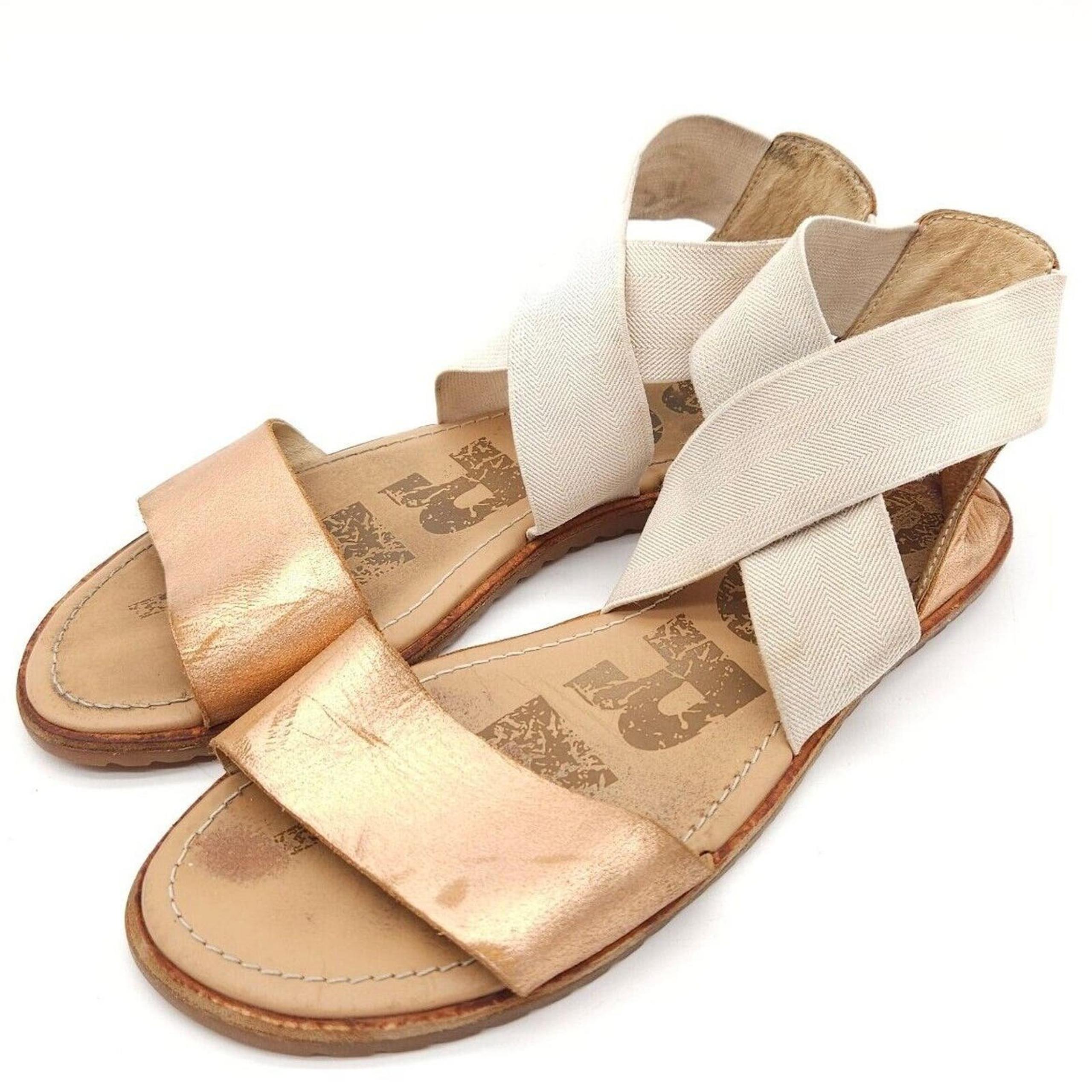 SOREL (Womens Size 6.5) Ella Flat Elastic Strap Sandals Metallic Pink Leather
