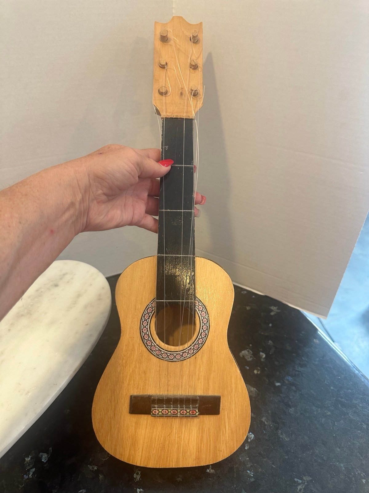 Mini wooden guitar beige design made in Peru