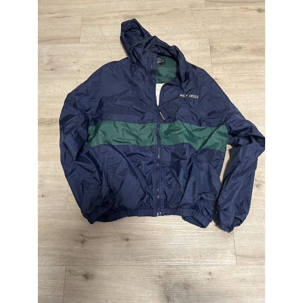 Holy Cross Full Zip Hooded Windbreaker Mens Size XL Vtg Worcester MA Blue Green