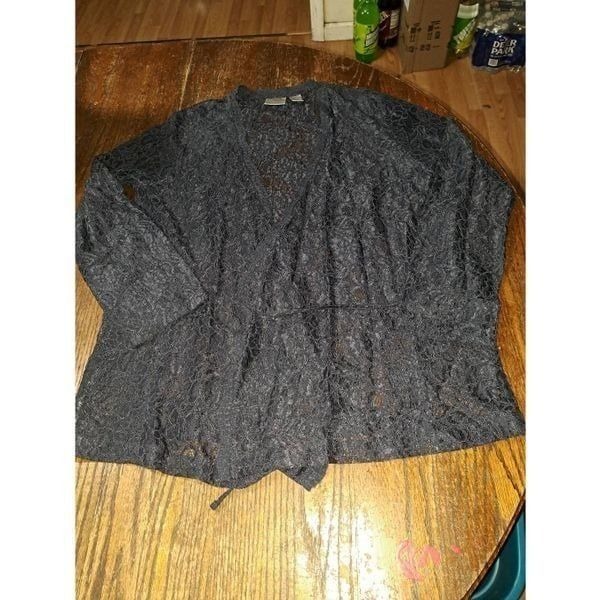 Medium Size 8 Chicos Size 1 Blue Lace Long Sleeve Sheer Lace Blouse Shirt Top