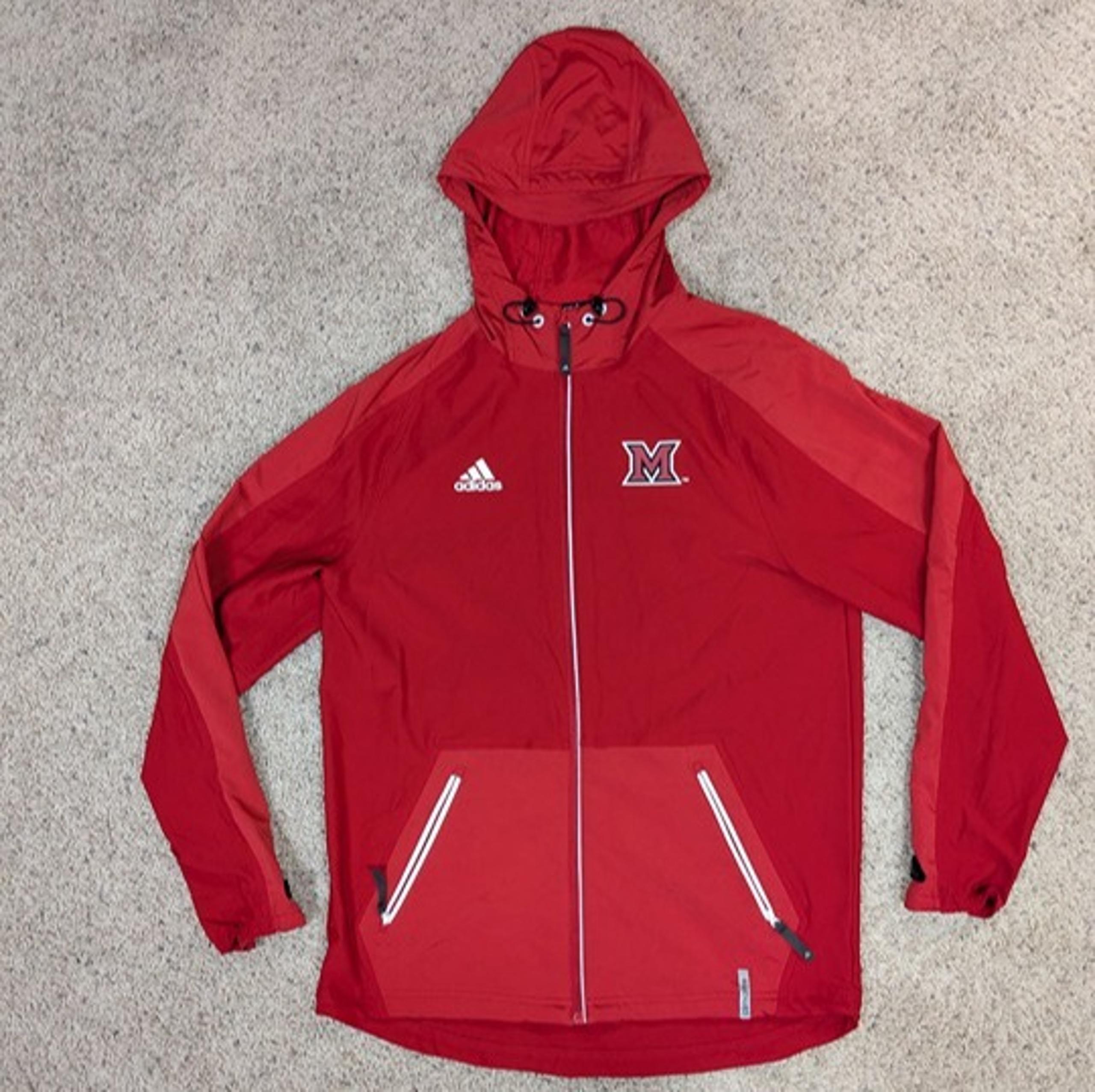 Miami Redhawks Jacket Mens Medium Red Adidas Team Issued Hooded Windbreaker Zip