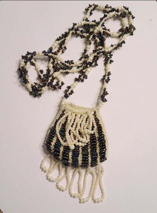 Seed Beaded and Crocheted Pearl Flapper Pouch Necklace