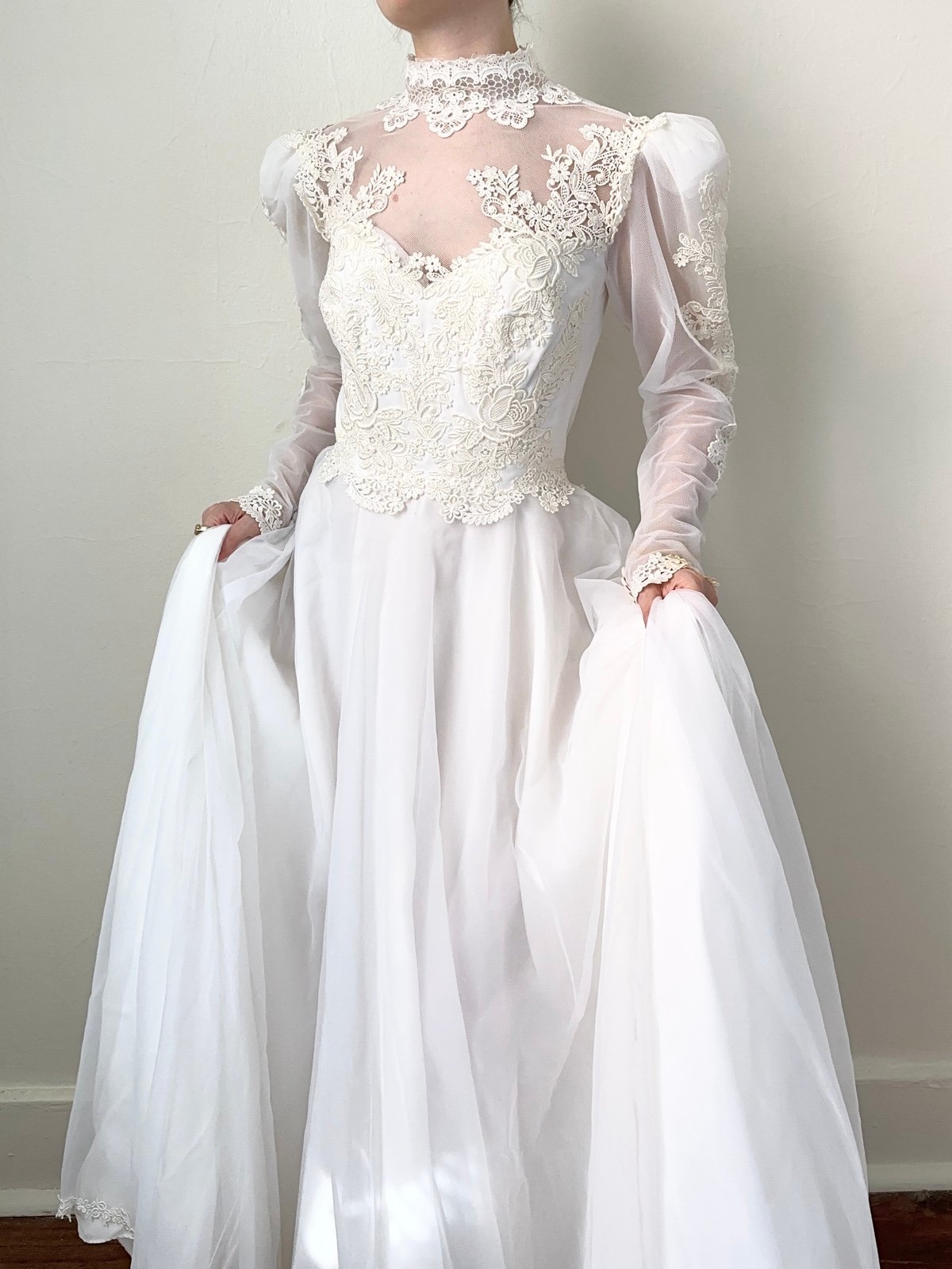 Vintage 1970s Tulle Lace Puff Sleeve Victorian Style Wedding Dress