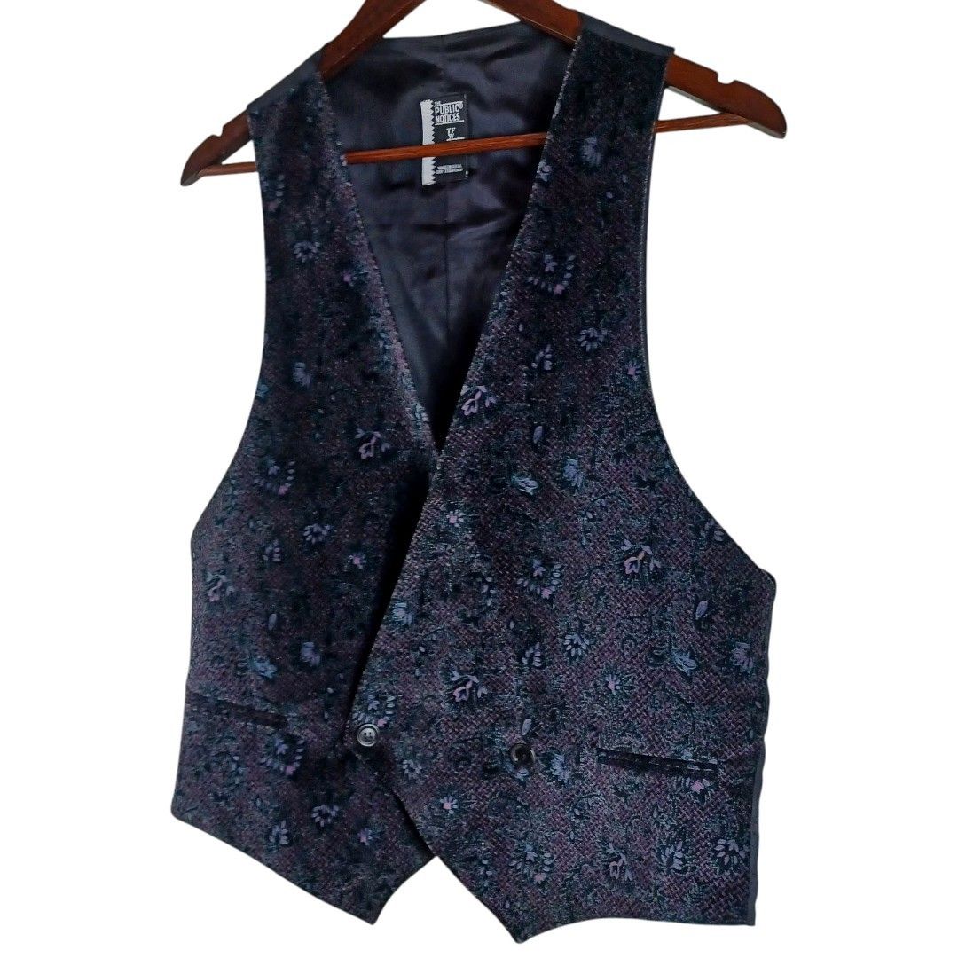 Vtg S/M Black The Public Notices TFW Waistcoat Vest USA Baroque Floral Jacquard