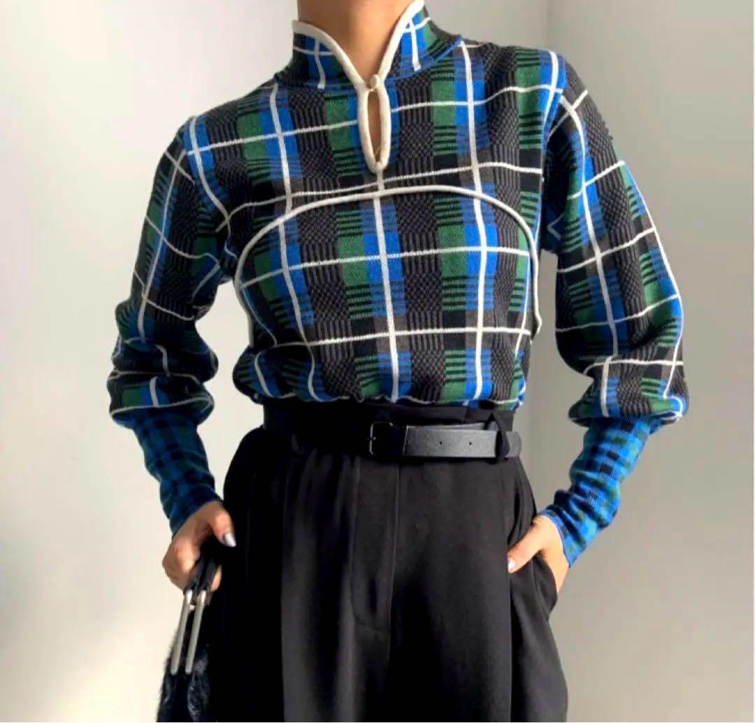 Ameri（アメリ）の「SWITCHING CHECK KNIT TOP（ニット/セーター