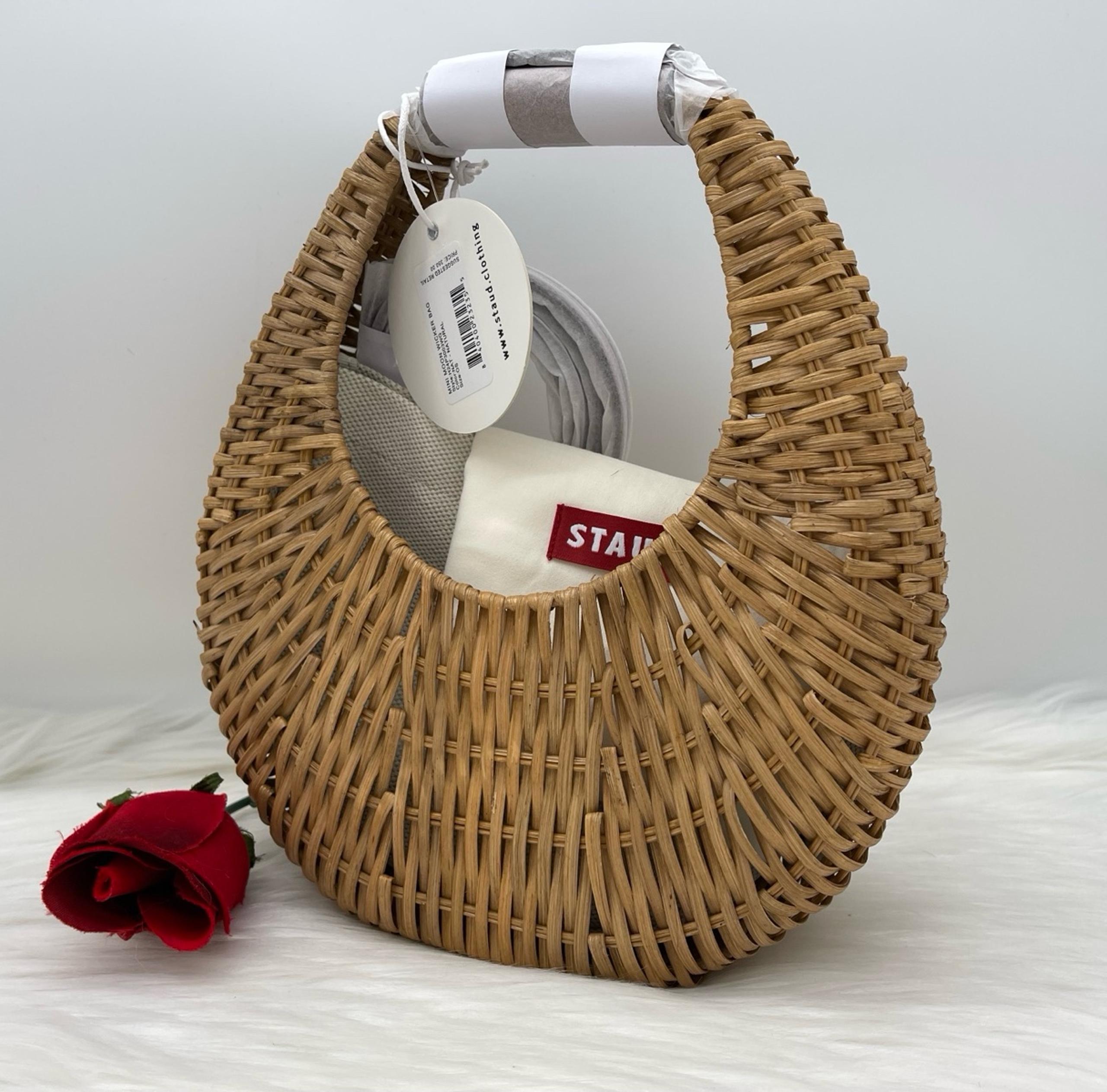 Brand NEW $350 Staud Women’s Mini Crescent Moon Wicker Hobo Crossbody In Natural