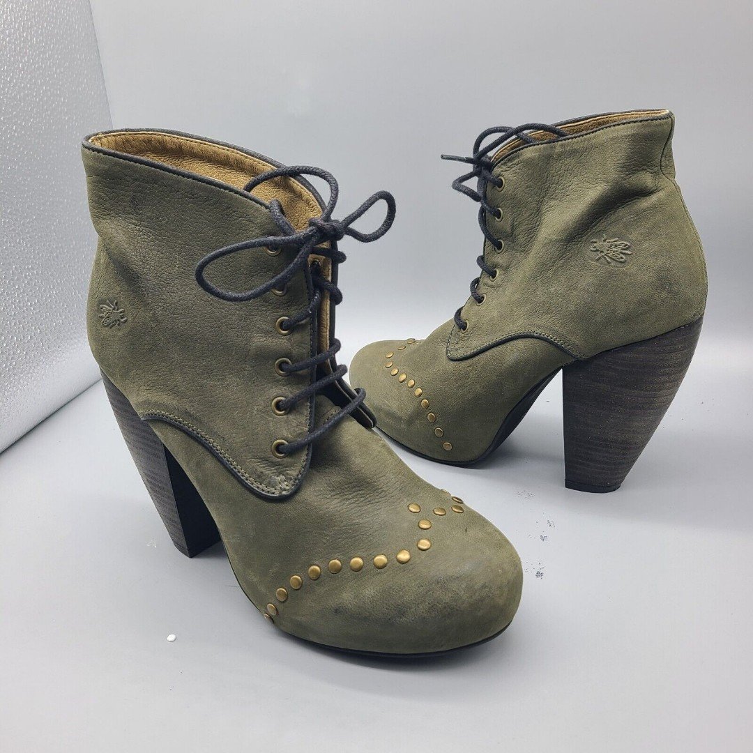 Fly London Girl Boots Moss Green Wingtip Lace Up Block Heel Ankle Womens 38 7.5
