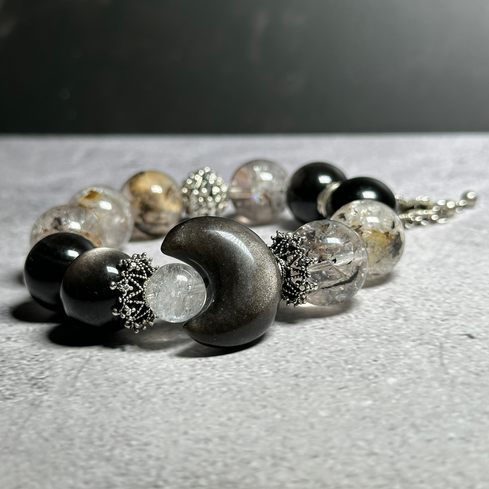 Handcrafted DIY Silver Obsidian Midnight Moon Bracelet