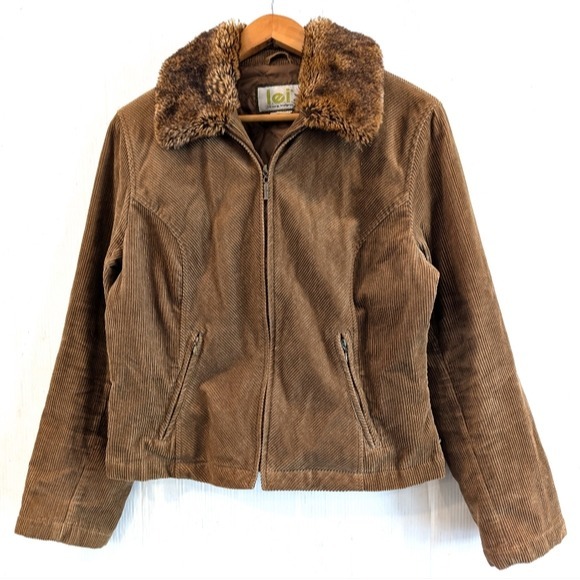 VINTAGE 90s L.E.I. Brown Corduroy Zip-up Jacket with fur collar size large