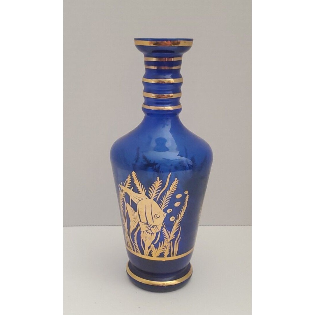 Cobalt Blue & Gold Enameled Mouth Blown Glass Liquor Decanter Hand Painted 10