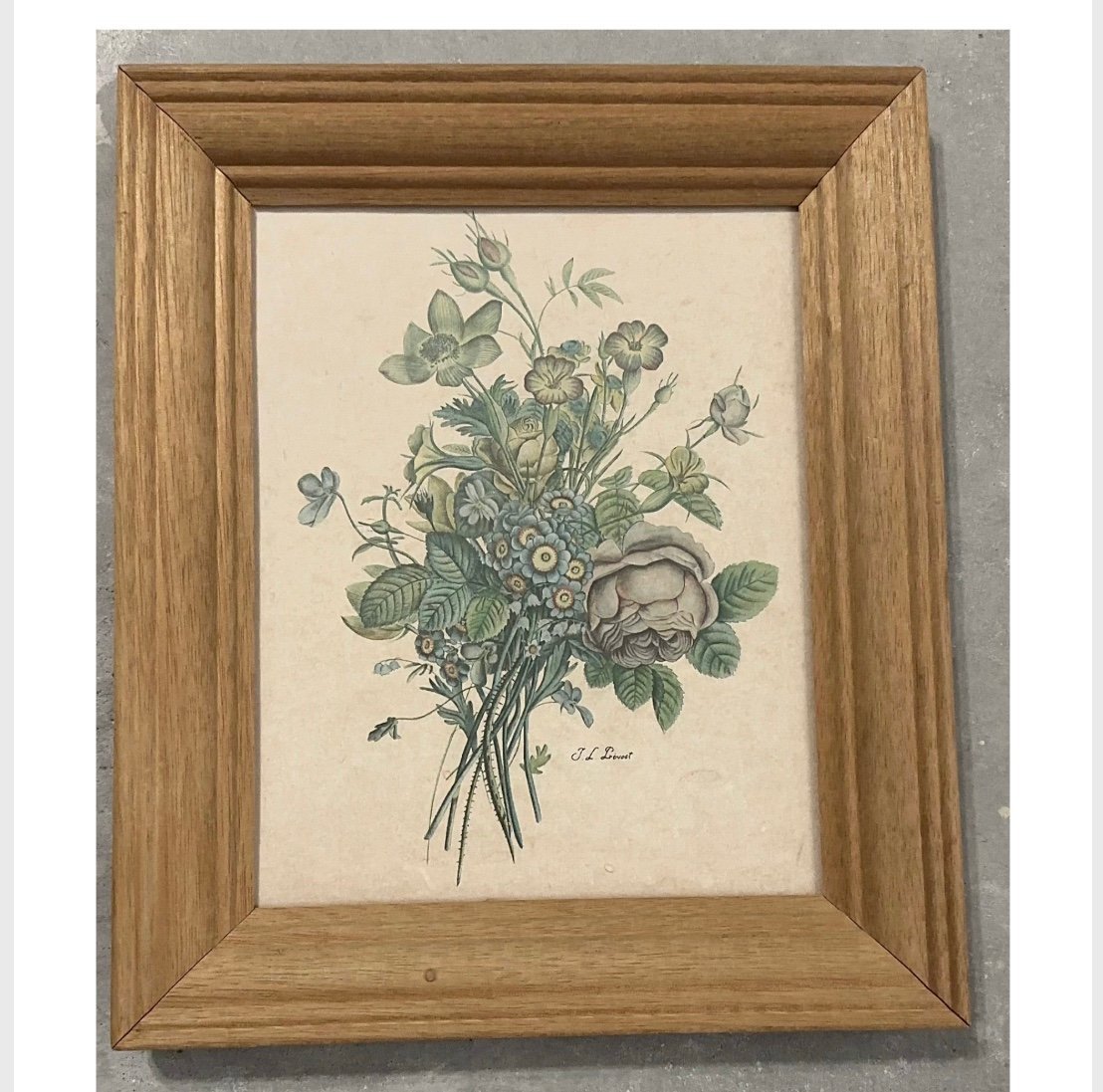 Jean Louis Prevost Vintage Framed Art Floral Wooden Frame 11”x13”