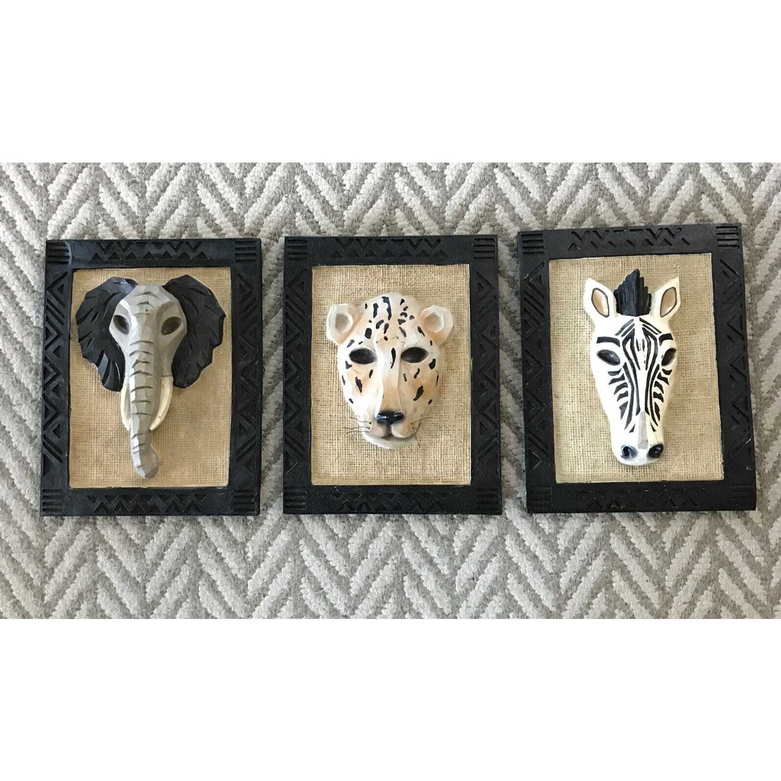African Animal Head Mask 3D Art Wall Decor Set of 3 Cheetah Zebra Elephant