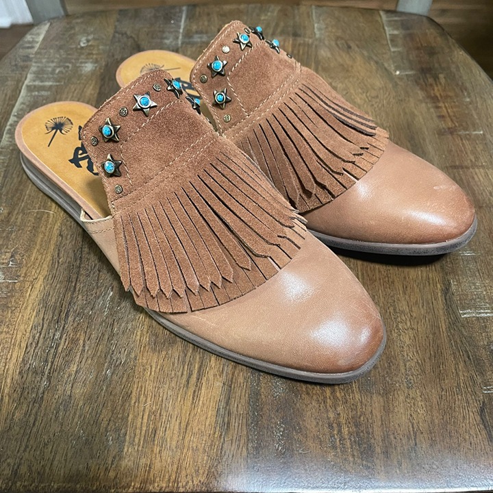 OTBT Gleam Tan Boho Western Turquoise Leather Fringe Mules Size 8M