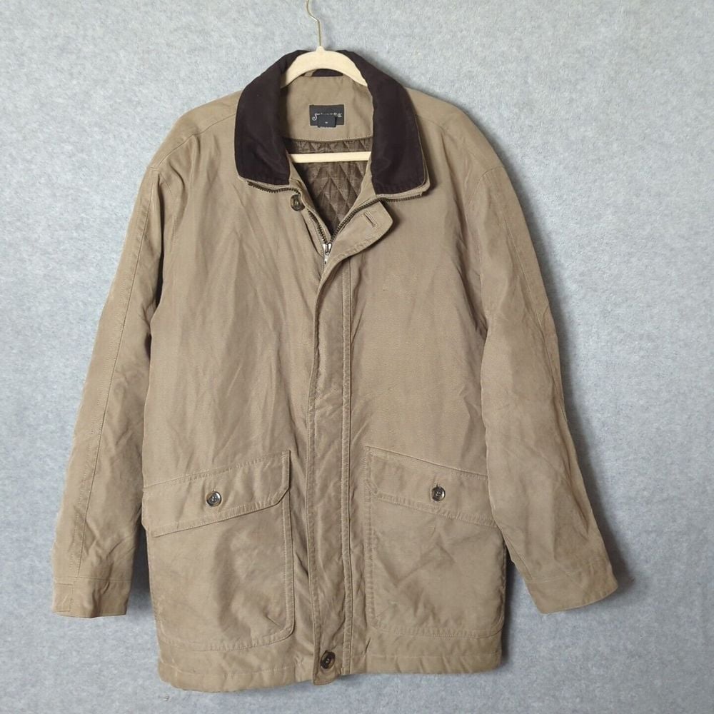VTG St Johns Bay Flannel Lined Barn Chore Coat Adult M Tan Button Up Suede