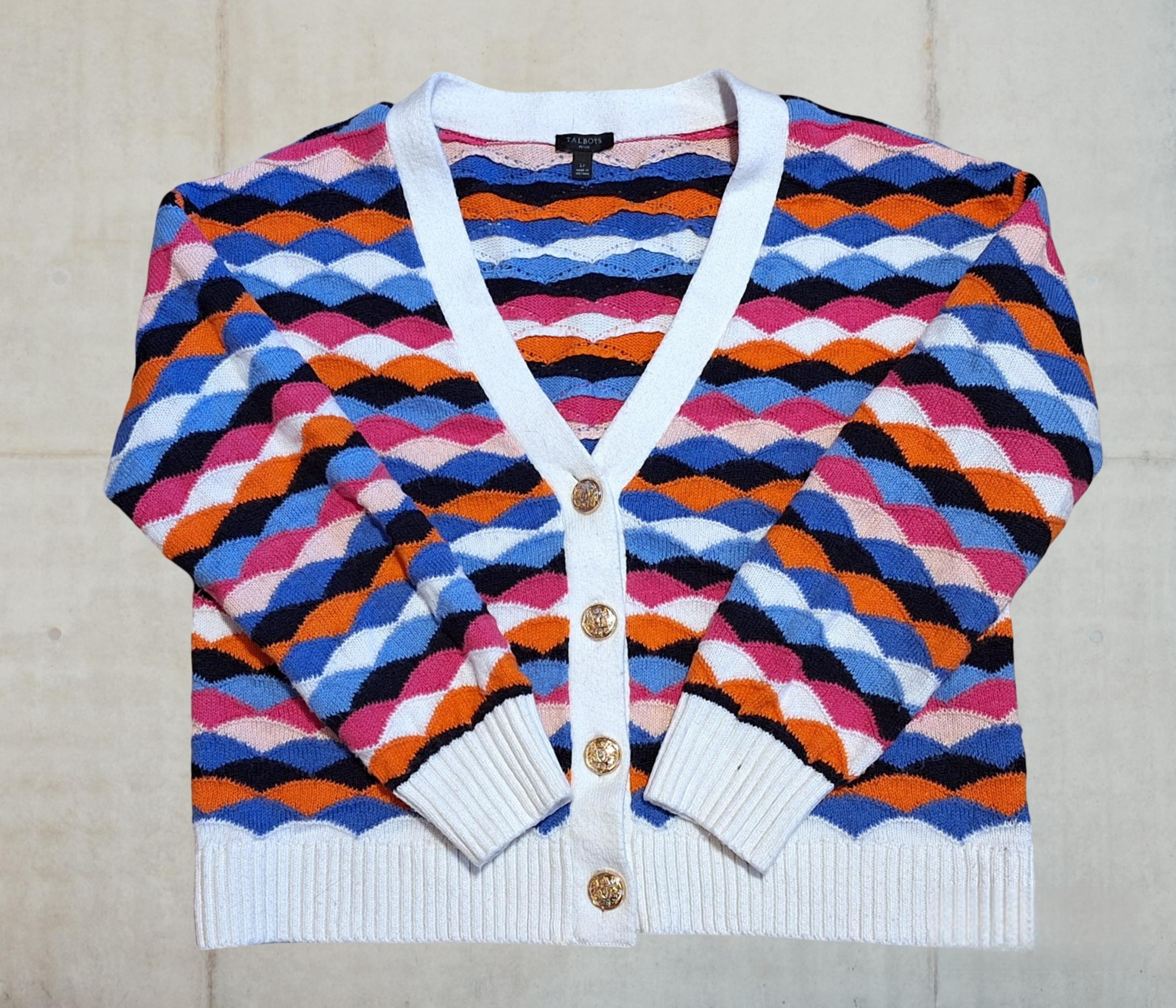 'Talbots' multi-colored wave pattern button-down cardigan sweater, PL