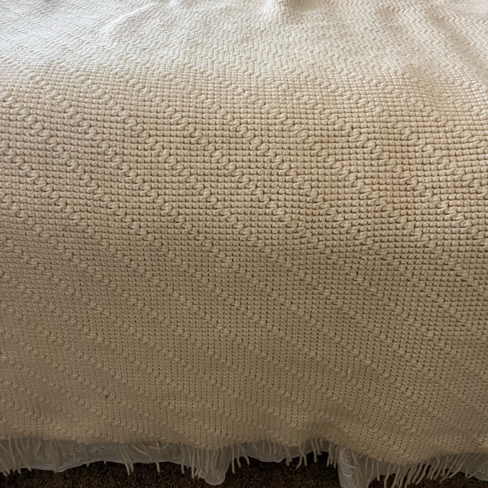 Vintage Handmade Crocheted Beige/Cream Throw Blanket with Fringe