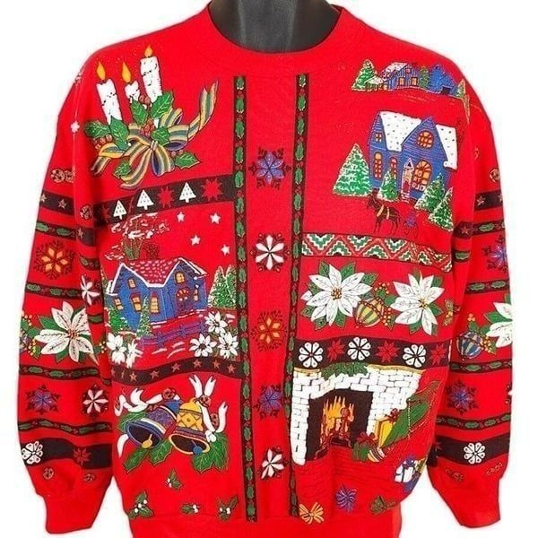 Christmas Teddy Bear Sweatshirt Vintage 90s All Over Print Made In USA Mens