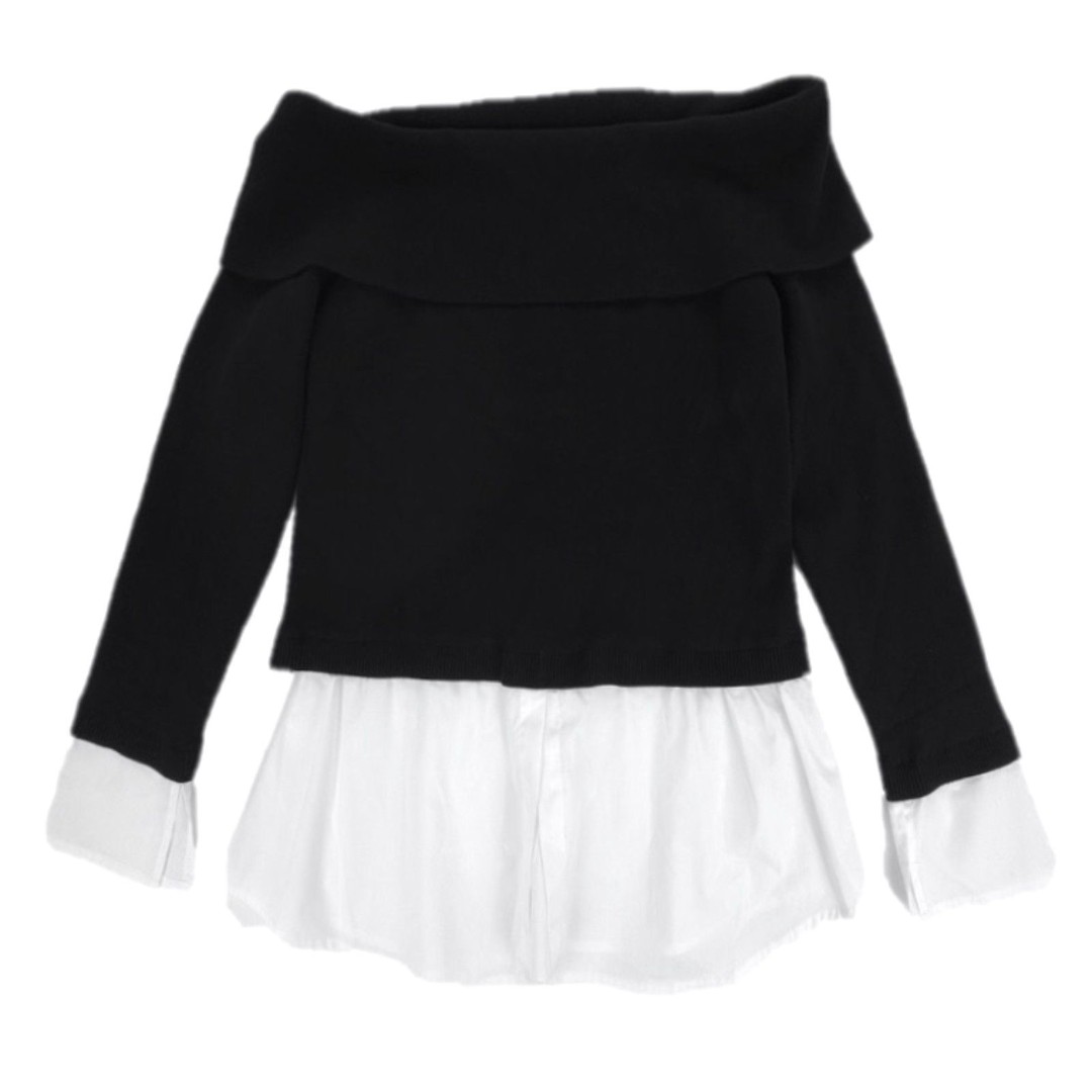 NWT Bebe Poplin Combo Fold Over Off Shoulder Sweater Top Black White French Girl