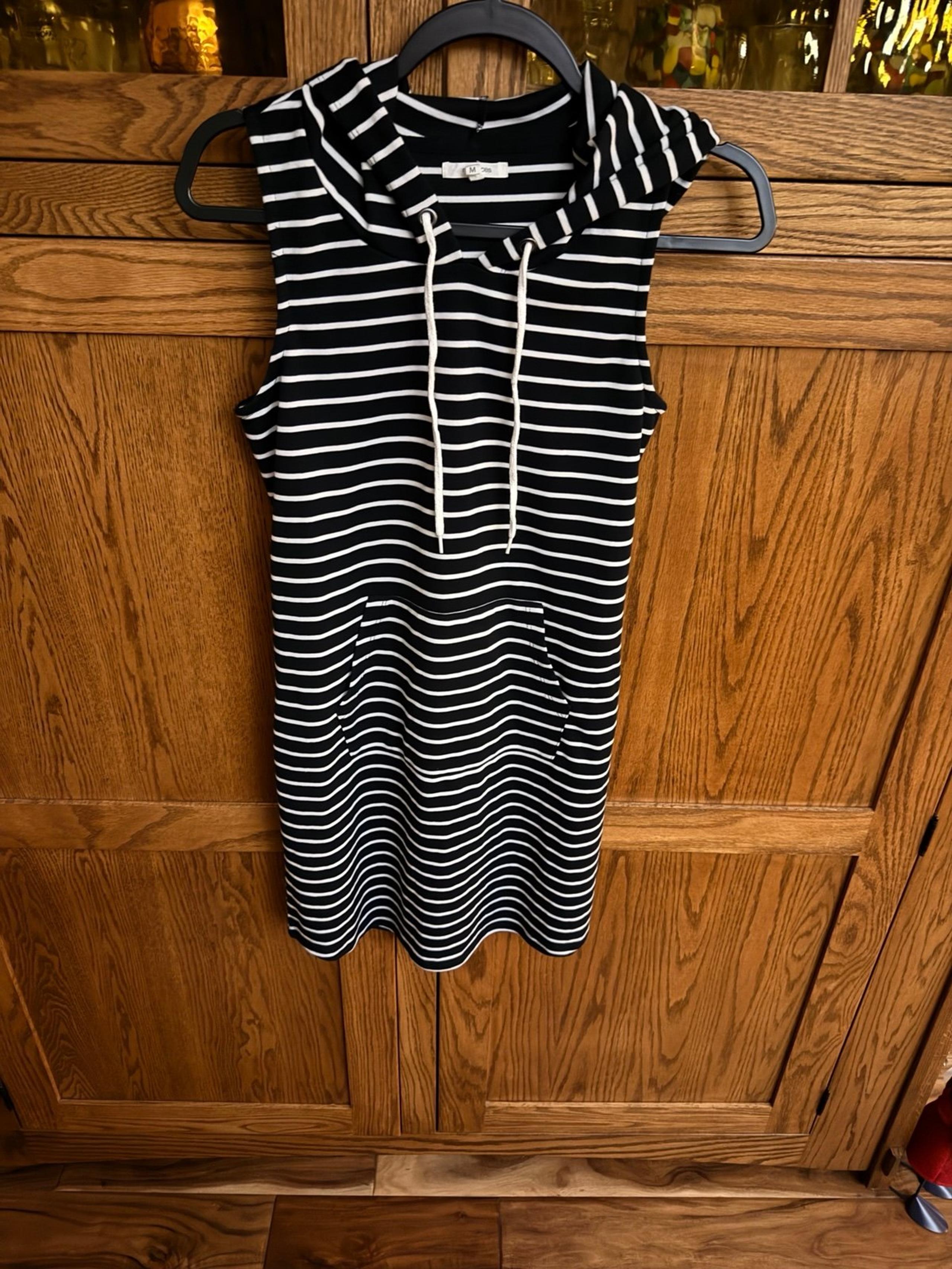 Hooded navy and white striped dress