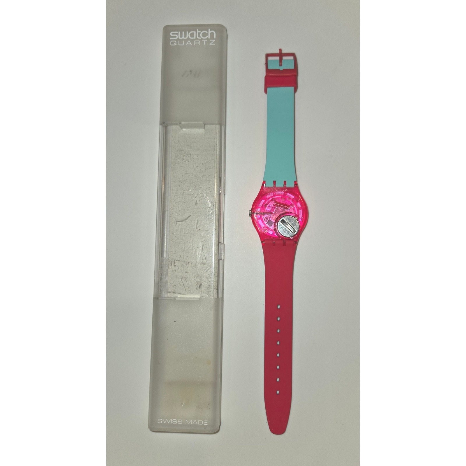 VTG Swatch Pop Quartz Watch – Swiss Made, Pink & Aqua w/ Original Case & Docs