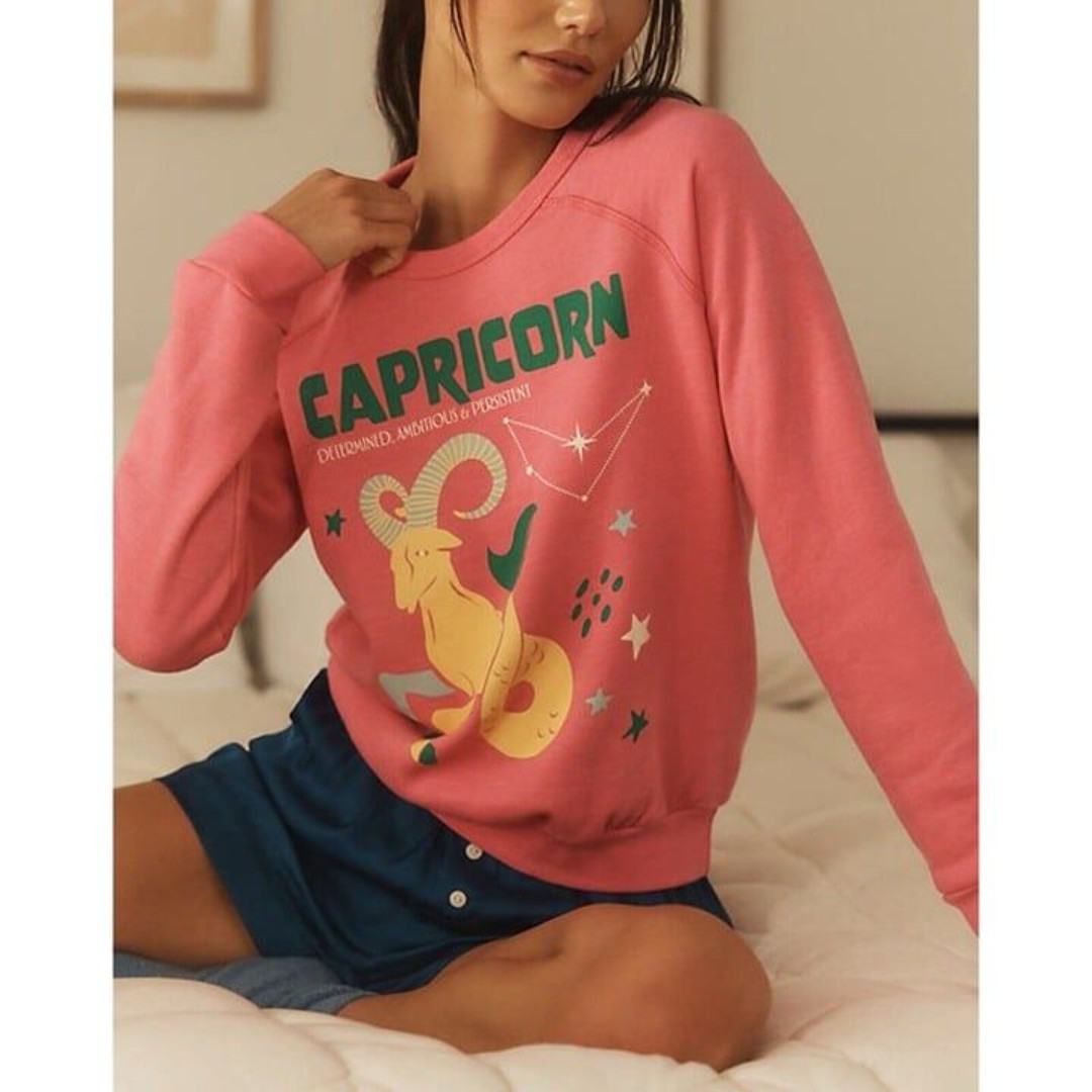 Midnight Rider Anthropologie Carolita Zodiac Sweatshirt CAPRICORN Womens XS Pink