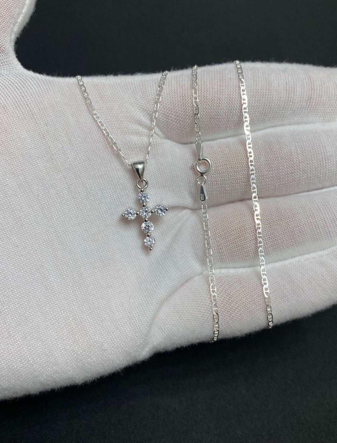 Sterling Silver Small CZ Cross With Silver Mariner Chain